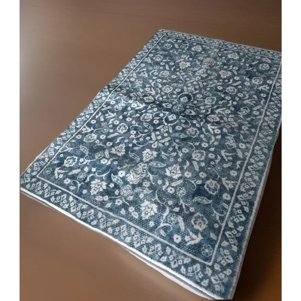 Blue White Floral Rectangle Area Rug 2x3 ft Washable, Blue/White Pattern